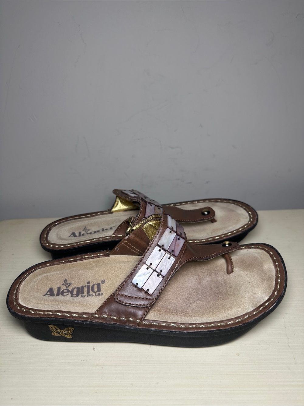 Alegria Carina Brown and Gold with purple gems Leather Toe-Post Sandal